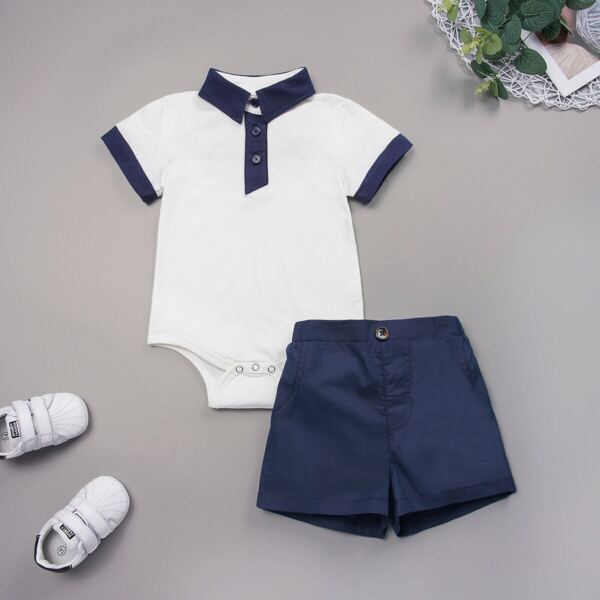 

Baby Boy Contrast Collar Romper & Shorts, Multicolor