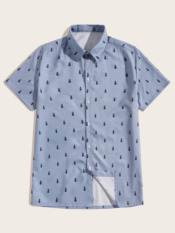 

Men Pineapple Print Single Breasted Shirt, Blue