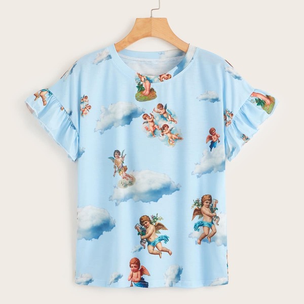 

Random Angel Print Flounce Sleeve Tee