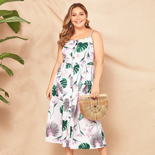 

Plus Floral Print Button Cami Dress