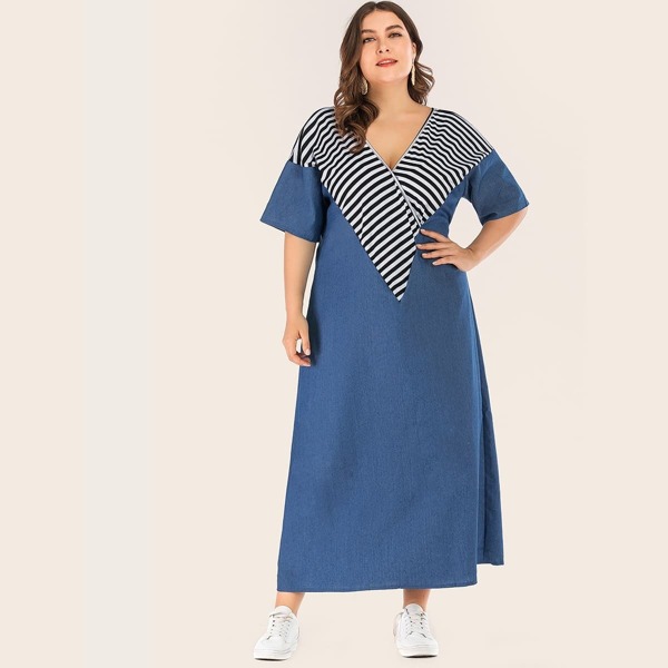 

Plus Contrast Striped Print Denim Dress, Blue