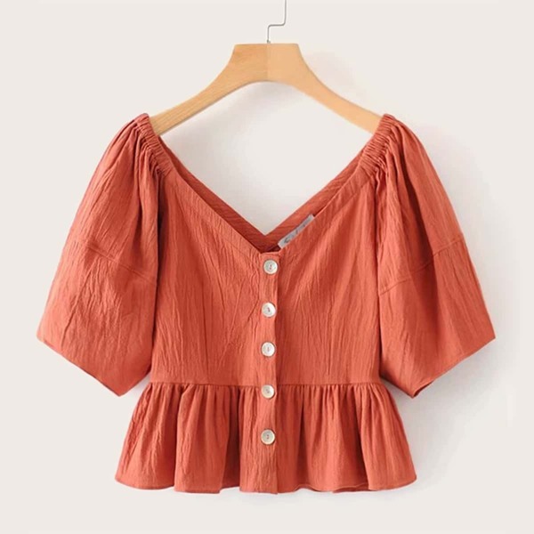 

V-neck Button Front Ruffle Hem Blouse