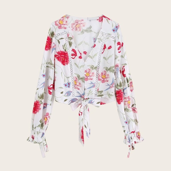 

Floral Print Contrast Lace Knot Hem Blouse