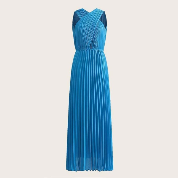

Split Sleeveless Cross Over Pleated Dress, Blue
