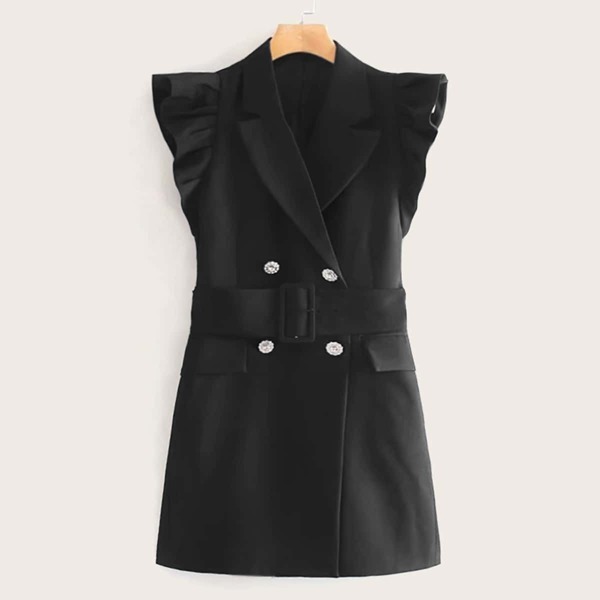 

Double Button Butterfly Sleeve Belted Blazer Dress, Black