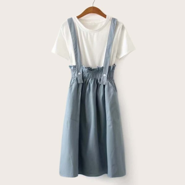

Solid Tee With Paperbag Waist Pinafore Skirt