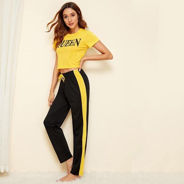 

Letter Print Contrast Side PJ Set