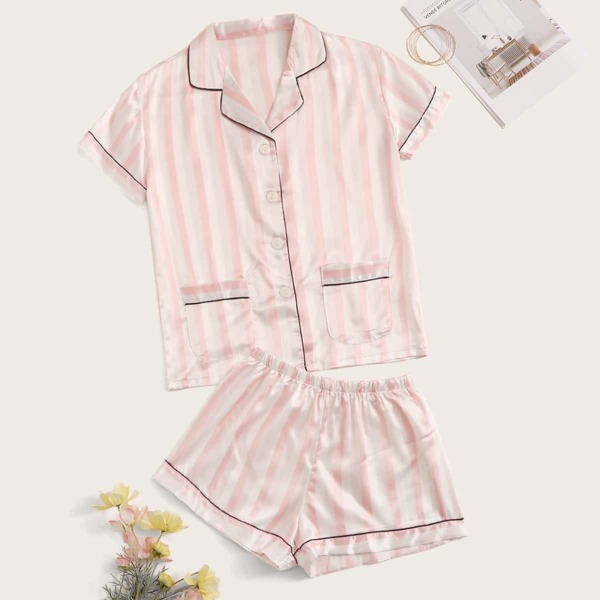 

Contrast Binding Satin Striped PJ Set, Multicolor