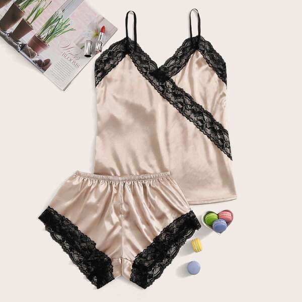 

Lace Trim Satin Cami With Shorts