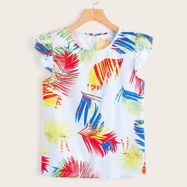 

Leaf Print Ruffle Sleeve Keyhole Back Blouse
