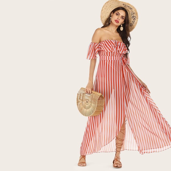 

Striped Belted Layer Ruffle Off The Shoulder Dress, Multicolor