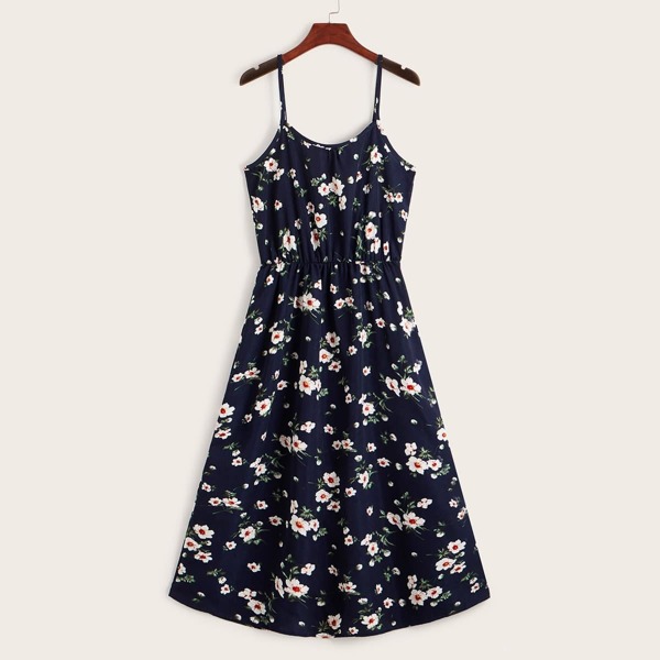 

Floral Print Elastic Waist Cami Dress, Navy blue