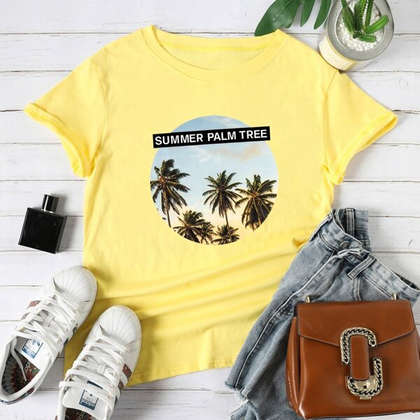 

Palm & Letter Print Tee, Yellow