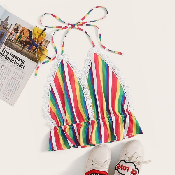 

Rainbow Striped Guipure Lace Panel Halter Top