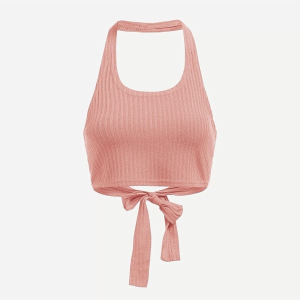 

Plus Knot Hem Ribbed Halter Top, Pink