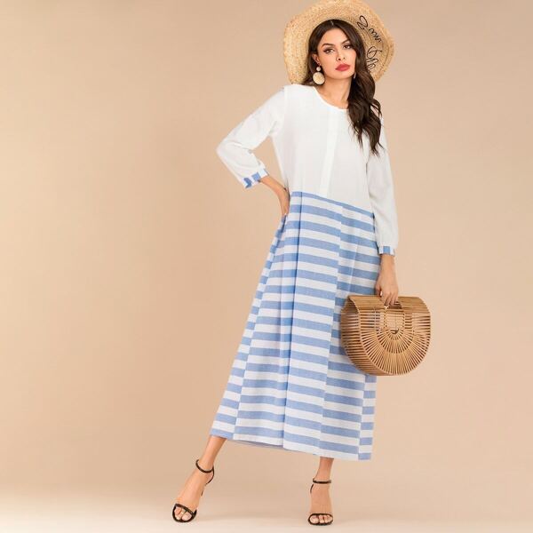 

Striped Contrast Plicated Longline Dress, White