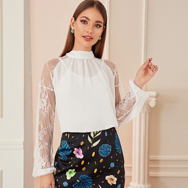 

Solid Tie Back Lace Sleeve Blouse, White