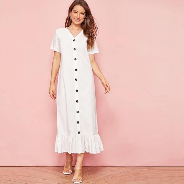 

Button Front Pep Hem Shirt Dress, White