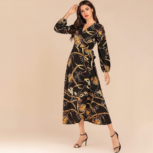 

Chain Print Tie Side Wrap Dress