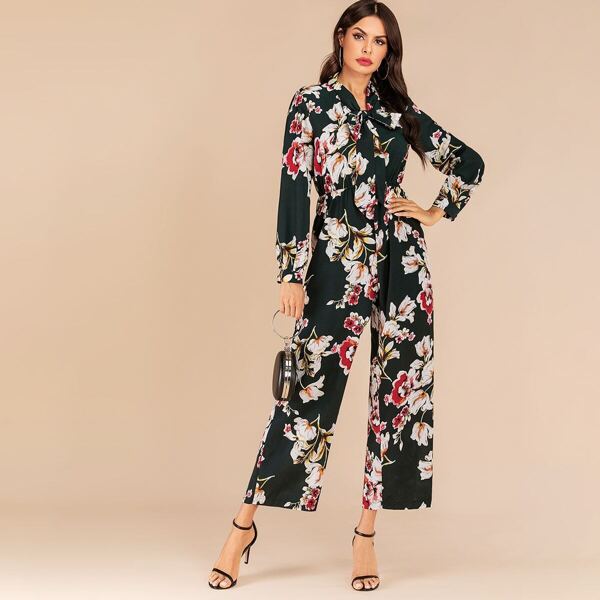 

Floral Print Tie Neck Wide Leg Jumpsuit