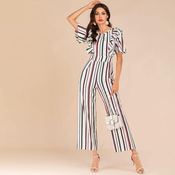 

Colorful Striped Ruffle Trim Wide Leg Jumpsuit, Multicolor