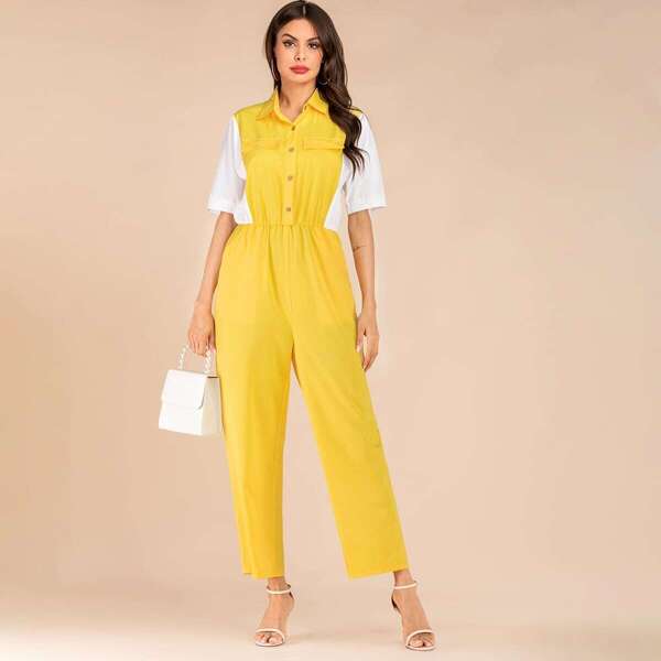 

Cut And Sew Button Front Dual Pocket Jumpsuit, Multicolor