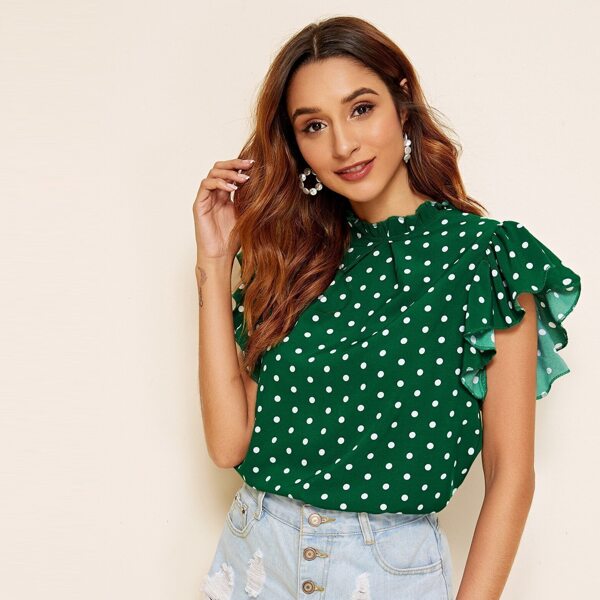 

Polka Dot Frill Neck Butterfly Sleeve Blouse