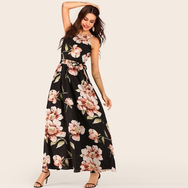 

Large Floral Print Belted Halter Maxi Dress