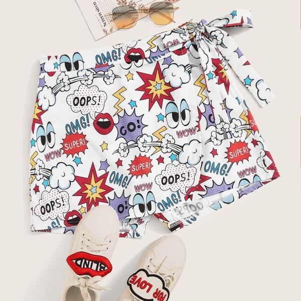 

Comic Print Tie Side Culotte Shorts