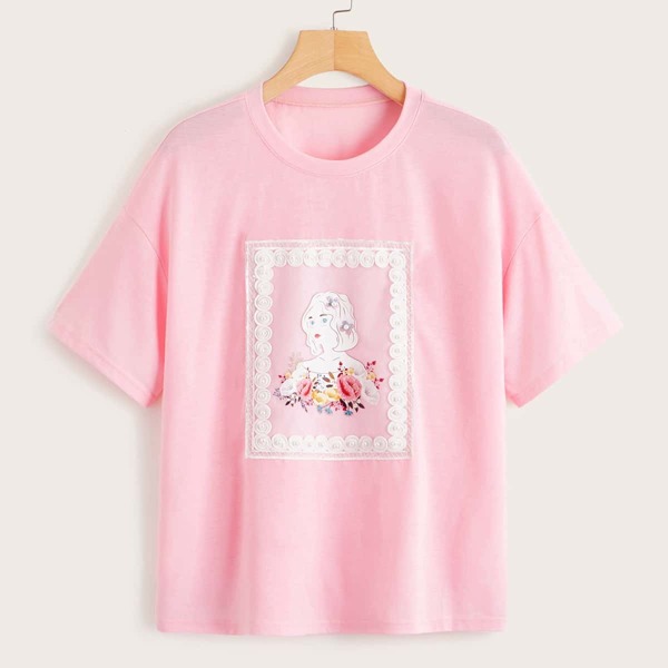 

Figure Print Lace Panel Pearls Beaded Tee