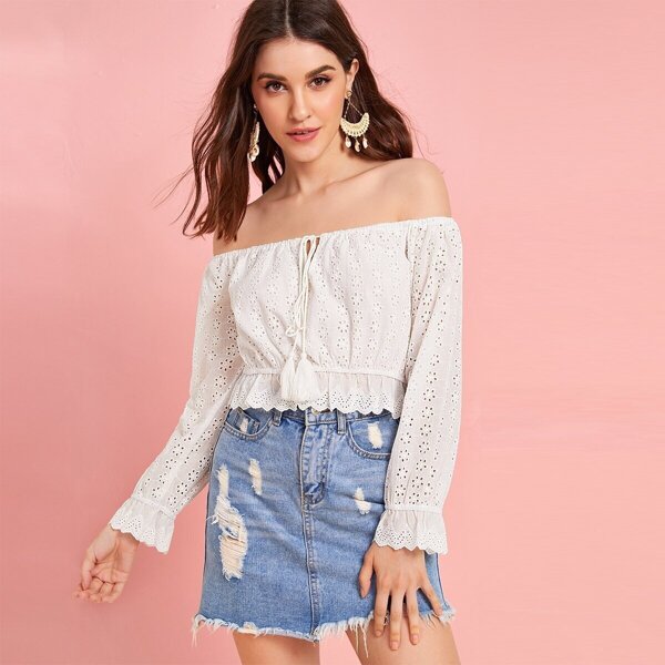 

Off-shoulder Fringe Drawstring Schiffy Top, White