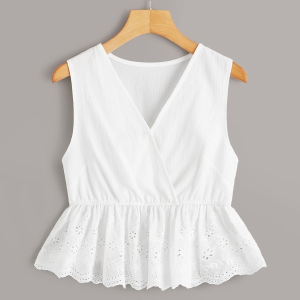 

Eyelet Embroidery Surplice Peplum Top, White
