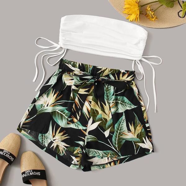 

Drawstring Side Bandeau With Leaf Print Tie Front Shorts, Multicolor