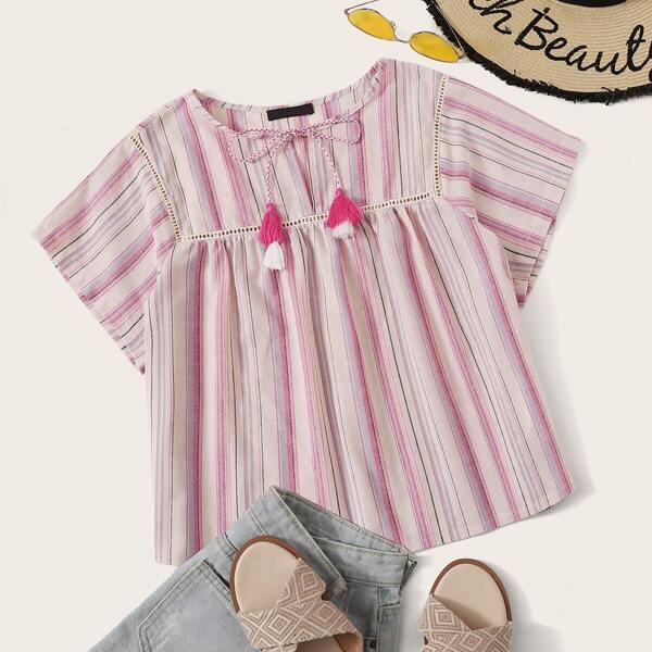 

Striped Tie Front Fringe Detail Top