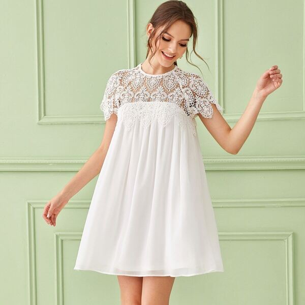 

Solid Lace Insert Keyhole Back Dress, White