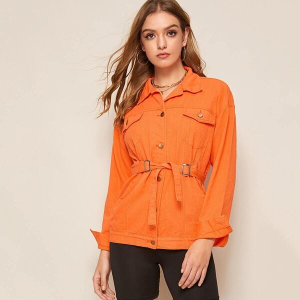 

Neon Orange Pocket Front Belted Denim Jacket, Orange bright