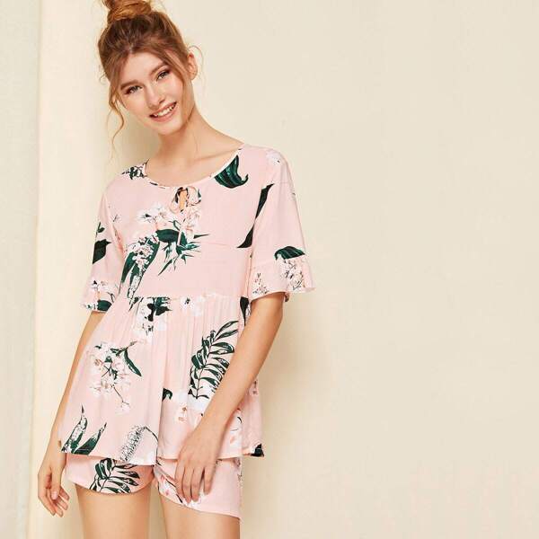 

Floral & Leaf Print Pajama Set, Pink