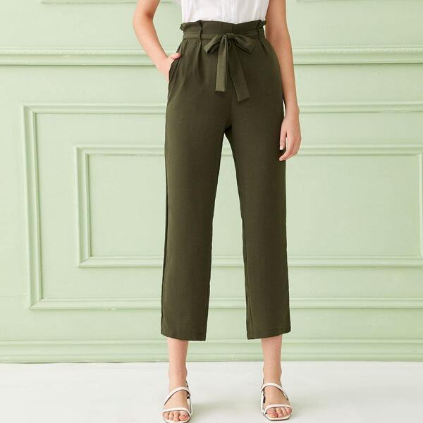 

Solid Paperbag Waist Belted Straight Leg Pants