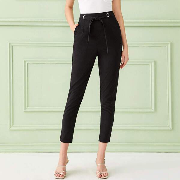 

Solid Tie Front Zip Back Carrot Pants