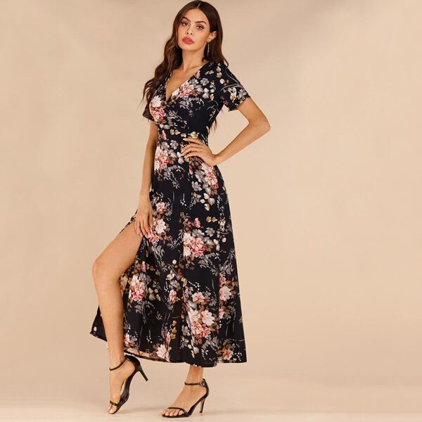 

Surplice Floral Print Split Dress