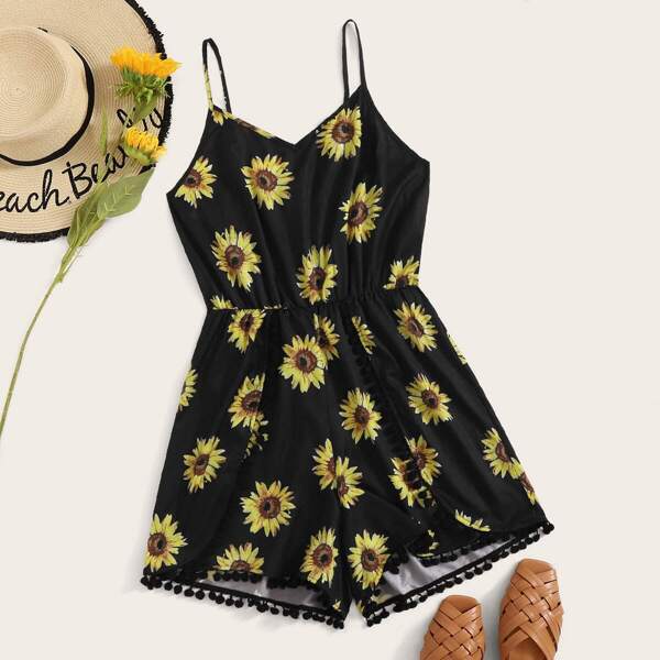 

Sunflower Print Pom Pom Trim Cami Playsuit