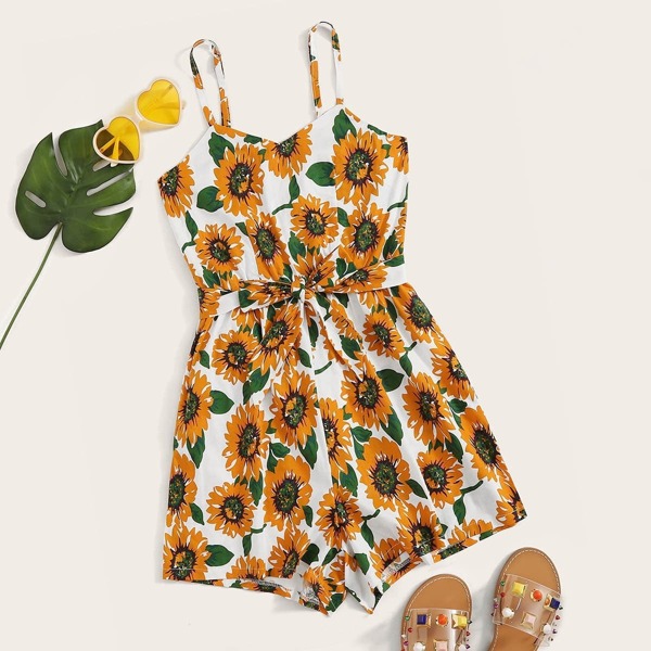 

Sunflower Print Criss Cross Belted Cami Playsuit