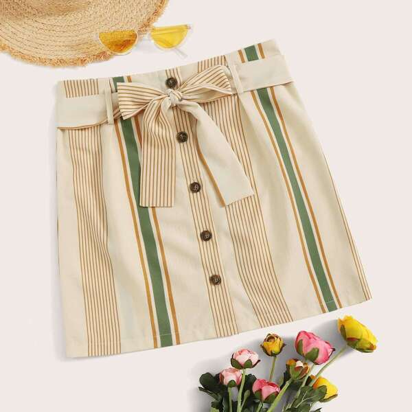 

Striped Button Front Belted Skirt