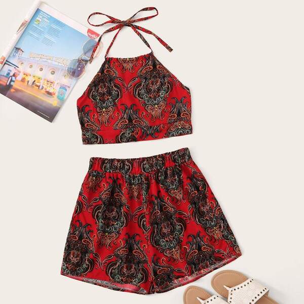 

Tribal Print Tie Back Halter Top With Shorts