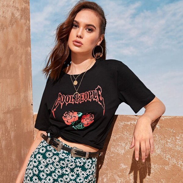 

Letter And Rose Graphic Tee, Black