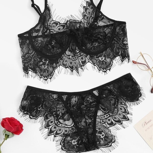 

Plus Floral Lace Sheer Lingerie Set, Black