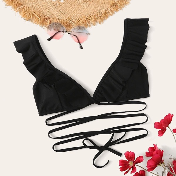 

Ruffle Trim Criss Cross Swimming Top, Black