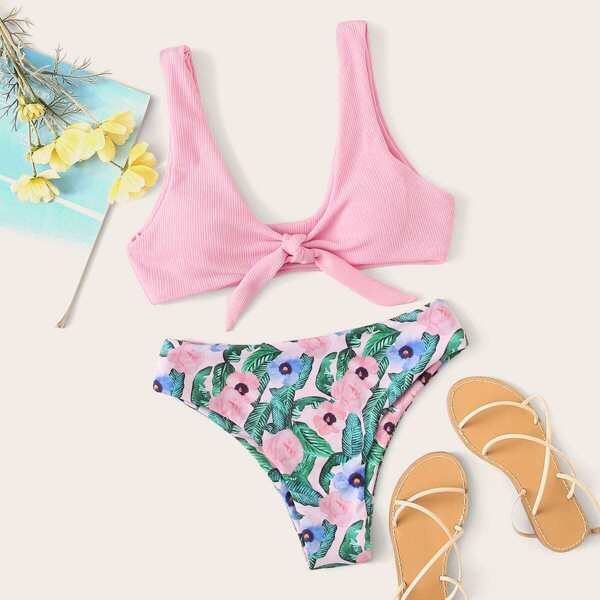 

Knot Front Top With Tropical Bikini Set