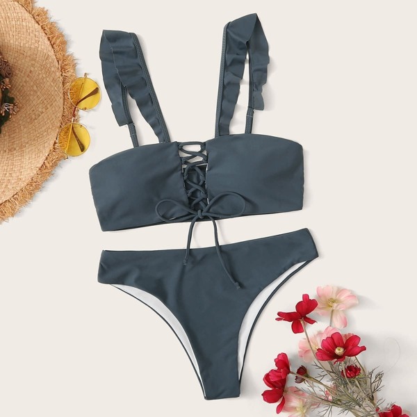 

Lace Up Top With Cheeky Bikini Set
