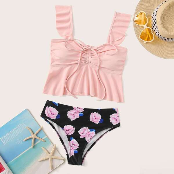 

Tie Front Flounce Top With Floral Tankini Set